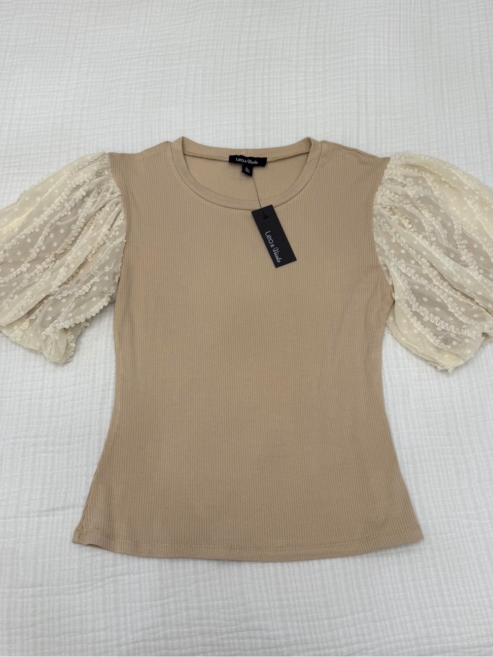 lea & viola tan ribbed top with sheer puff sleeves size large